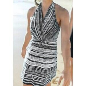 Athleta Navy White Stripe Halter Dress Smocked Back #964445 Women's Small EUC